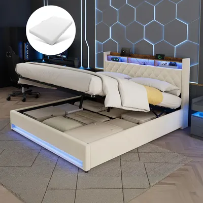 Produktbild von STILVORA Polsterbett 180×200 mit Matratze LED-Beleuchtung, USB & Steckdosen Bleuchtung Doppelbett Bettgestell im modernen Design mit Stauraum Kopfteil ohne Matratze, Beige