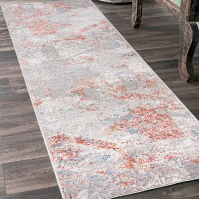 Produktbild von Teppichläufer 70 x 300 cm Grau Lachsfarben Modern Läufer für Vorzimmer Eingangsbereich Schlafzimmer Küche Korridor Flur - Abstrakt Muster - G500C WHITE/SALMON