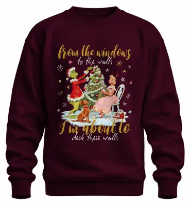 Imagen del producto de Sudadera con cuello redondo, diseño "Grinch" navideño, estilo retro, apta para hombre y mujer, color burdeos, talla M