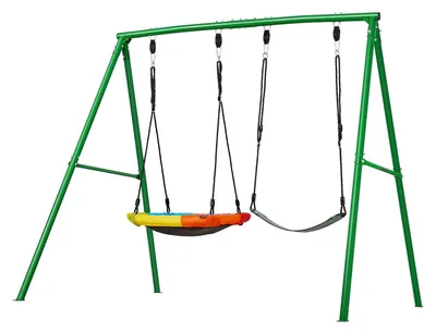 Productafbeelding van Schommelset voor de tuin, met een schommelzitje van 80 cm en een riemzitje, met een stevige metalen A-frame constructie, een draagvermogen van 199,6 kg, en versterkt met spiraalvormige grondankers. Geschikt voor kinderen, voor buitengebruik
