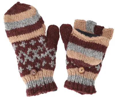 Produktbild von Handgestrickte Handschuhe, Klapphandschuhe Nepal, Wollhandschuhe - Dunkelbraun/grau, Uni, Wolle, Handschuhe & Handstulpen