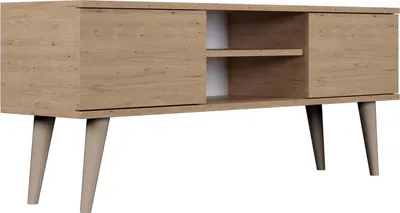 Produktbild von TV-Lowboard Fernsehtisch 120 cm in Eiche Artisan – Soft-Close Türen, Stauraum & Kabeldurchlass – Skandinavisch Holzfüße, Holzbeine – Für Fernseher bis 70 Zoll – Micky
