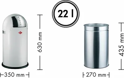 A product image showing two trash cans with dimensions and capacity indicated.