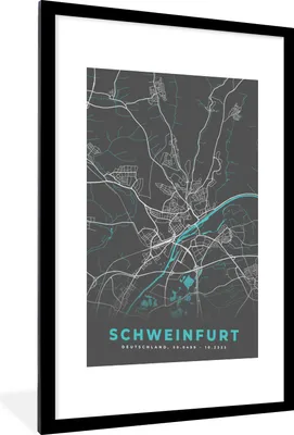 Produktbild von MuchoWow® Gerahmtes Poster Karte - Stadtplan - Schweinfurt - Deutschland - Blau 60x90 cm - Poster mit Schwarzem Bilderrahmen Wandposter Rahmen Foto Bilder - Dekoration - Wandposter Wohnzimmer - Hochwertig