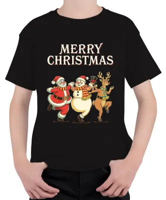 Produktbild von MERRY CHRISTMAS Weihnachtsmann Schneemann Rentier tanzend Vintage Kinder T-Shirt, Schwarz, 140