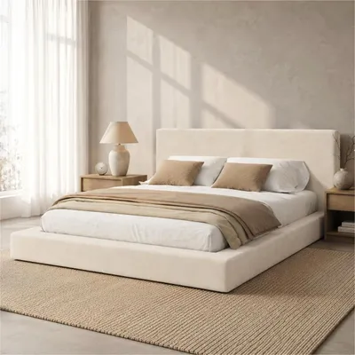 Produktbild von Flieks Polsterbett 180x200cm mit Lattenrost, Doppelbett Klassisches Bett mit gepolstertem Kopfteil, Jugendbett Holzbett mit Chenille-Bezug, Beige