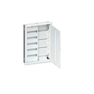 An open electrical distribution box with multiple compartments and mounting rails.