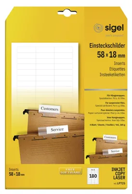 Produktbild von SIGEL LP725 PC-Einsteckschilder für Hängemappen, 58 x 18 mm, weiß, 180 Stück