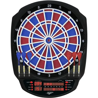 Produktbild von Carromco Elektronik Dartboard Striker-401 2-Loch Abstand Adapter rot-blau 8 Spieler Softdarts Netzteil 34 Spielen 584 Variationen Dartscheibe