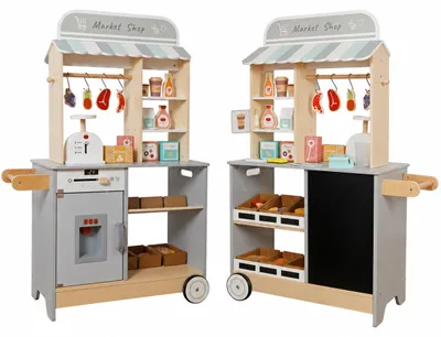 Produktbild von GINGER HOME 2-in-1-Holz-Laden für Kinder, Küche, Theke, Regale, Tafel und Zubehör, 60/73 x 29,5 x 105 cm