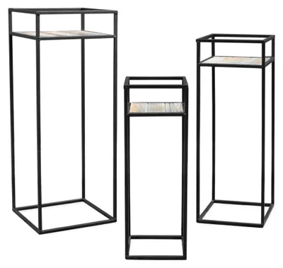 Imagen del producto de 3.06 Juego de 3 soportes para plantas estilo "Granny" - 70 / 60 / 50 cm - Estructura de metal con tablero de madera