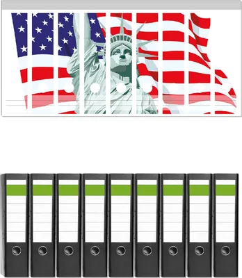 Produktbild von Wallario 9 Stück breite Ordner inkl. Klebeetiketten mit Motive Freiheitsstatue USA -  Set mit Rückenschildern / Ordnerrücken Stickern