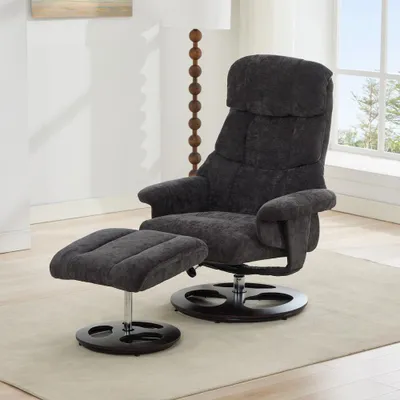 Produktbild von Massagesessel Relaxsessel mit Wärmefunktion, Hocker, Liegefunktion 360° drehbar , Chenille-Stoff, Dunkelgrau
