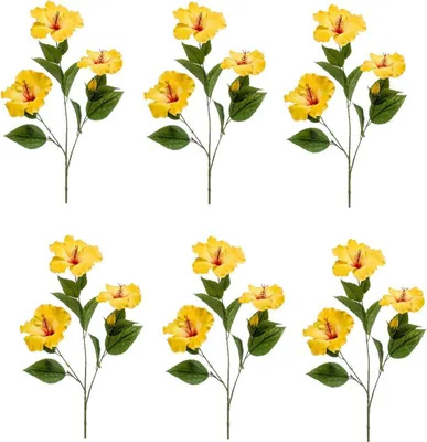 Produktbild von 6er Set künstliche Hibiskuszweige mit 3 Blüten gelb H. 82cm Emerald Kunstblumen