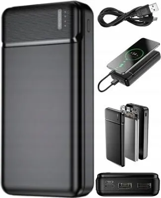 A collage of images showing a black power bank and its accessories, including a charging cable and a smartphone being charged wirelessly.