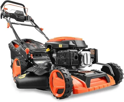 Produktbild von Benzin Rasenmäher FX-RM5196eSPRO mit E-Start und regulierbarem Selbstantrieb, Gartenmäher inkl. Frontstoßstange, 51 cm Schnittbreite, kugelgelagerte Big Wheel Räder, 60L Grasfangkorb