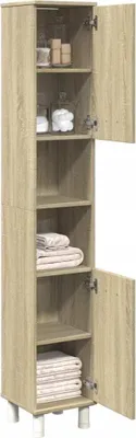 A tall, narrow bathroom cabinet with its doors open, displaying shelves with toiletries and towels.