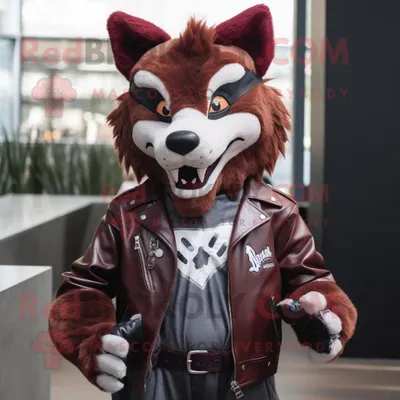 Productafbeelding van Maroon Wolf mascotte REDBROKOLY kostuum karakter gekleed met een motorjack en strikjes