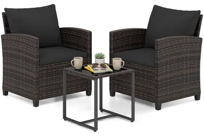 Image de Ensemble de mobilier de jardin COSTWAY en polyrotin, mobilier de balcon comprenant 2 chaises avec coussins et une table en verre, ensemble de balcon pour 2 personnes, salon d'extérieur marron-noir