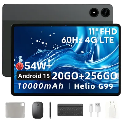 Image de Tablette Android avec stylet, 256 Go + 20 Go + 2 To, batterie 10000 mAh, Android 15, écran 11 pouces, 4G LTE, 5G, Wi-Fi, processeur Helio G99, appareil photo 8MP et 16MP, GPS, tablette avec clavier,  Widevine L1, couleur grise