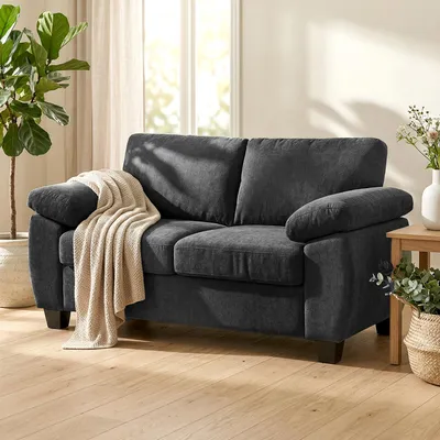 Produktbild von Kleinsofa Couch gepolsterte Armlehnen, 2-Sitzer-Sofa Chenille Federkern 300 kg Tragkraft, Dunkelgrau | 30 cm Armlehnen | 18 cm Polster | 156x77x81 cm