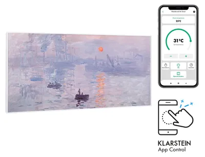 Produktbild von Klarstein Infrarotheizung mit Thermostat, 700W Elektroheizung, Smart Home Bild-Infrarotheizung zur Wandmontage, IR mit IoT/WiFi App-Control, Feuchtraum Flach-Heizkörper, CO2-Freie Wand Heizung