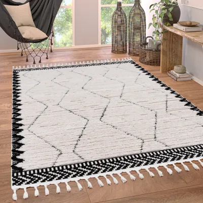 Immagine prodotto di Tappeto soggiorno a pelo corto moderno etnico scandinavo motivo a rombi effetto 3D frange dimensioni 80x150 cm