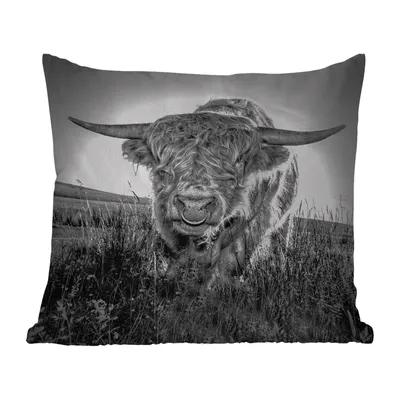 Obrázek produktu pro MuchoWow® Vnější polštář - Skotský horal - černobílý -45x45 cm- Odolnost proti povětrnostním vlivům - polštář do obývacího pokoje