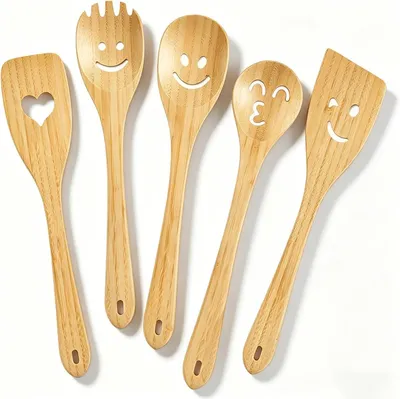 Image de Jeu de cuillères en bois, 5 pièces, en bambou, avec un visage souriant, pour la cuisine