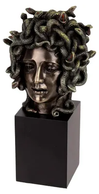 Produktbild von Medusa-Kopf-Figur aus Bronzeharz, auf Sockel, Büste, Skulptur, mit bemalten Akzenten