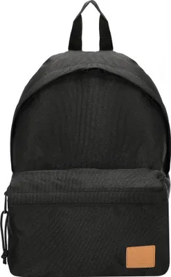 A black backpack with a brown leather logo patch.