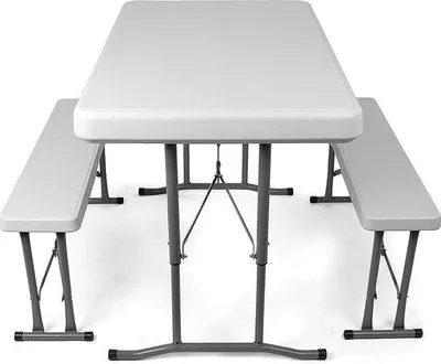 Produktbild von Unyqoos® Klapp-Biertisch-Set – Picknicktisch mit 2 klappbaren Bänken, weiß, Stahlrahmen & HDPE, Tisch 105×64×74 cm, Bänke 85×20×40,5 cm