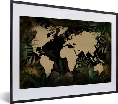 Produktbild von MuchoWow® MuchoWow® Gerahmtes Poster Weltkarte - Tropische Pflanzen - Blumen 60x40 cm - Poster mit zchwarzem Bilderrahmen - Schlafzimmer - Plakat in Rahmen - Drucken
