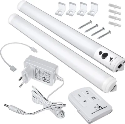 A set of two linear LED under-cabinet lights with accessories, including a power adapter, remote control, mounting brackets, screws, and wall plugs.