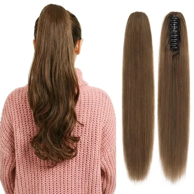 Productafbeelding van Paardenstaartverlenging, echt haar, glad, 105 gram, paardenstaart met clip, 35 cm, chocoladebruin