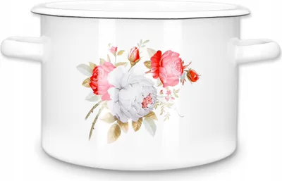 Image de Kuketo | Casserole en émail 2 L avec poignées - Induction & Tous feux - Casserole blanche avec motif de roses Robuste, Hygiénique, Résistant à la Chaleur & Stylé