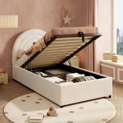 Productafbeelding van Sweiko gestoffeerd bed 90x200, kinderbed, eenpersoonsbed met lattenbodem en hoofdeinde, geschikt als jeugdbed, voor zowel volwassenen als jongeren, houten latten, eenvoudige montage, fluweel, beige