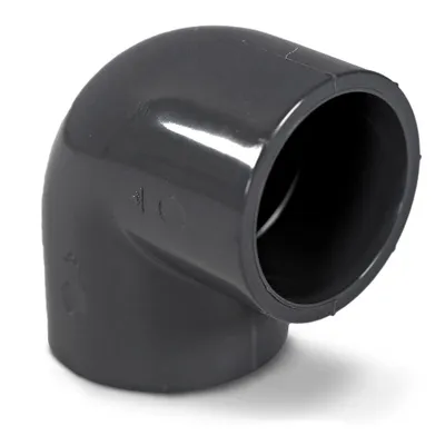 A close-up studio shot of a single gray PVC elbow fitting.