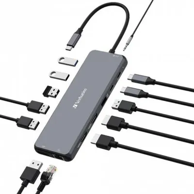 Produktbild von Verbatim 16105448, USB Typ-C, HDMI, VGA, RJ-45, USB 2.0, USB 3.2 Gen 1 (3.1 Gen 1) Type-A, USB 3.2 Gen 1 (3.1 Gen 1) Type-C, 3.5mm, SD, MicroSD (TransFlash), Grau, 85 W, 0,201 m
