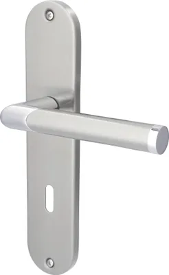 A silver and white door handle set on a white background.