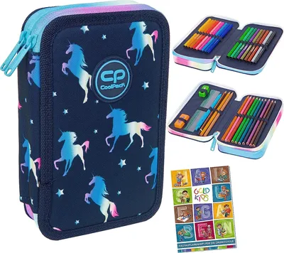 Produktbild von COOLPACK 2-fache Federtasche Federmappe Federmäppchen BLUE UNICORN Einhorn 35-teilig Schüleretui Stifte und Pinsel Fanartikel inkl. Aufgabenheft Federbox Etui Stiftetasche Schlamper-Etui Schul-Etui