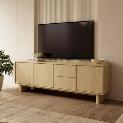 Produktbild von TV-Board Lowboard Fernsehtisch VIRONE Geölte Eiche Japandi 3-türig 2 Schubladen