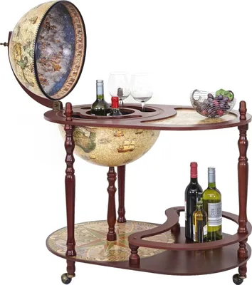 Zdjęcie produktu dla Globe bar ze stolikiem HWC-D84, minibar domowy bar ze stolikiem, globe Ø 42 cm zwijany drewno eukaliptusowe z certyfikatem MVG