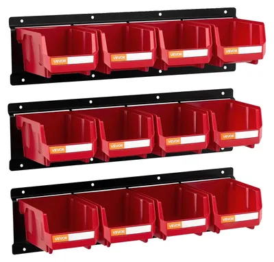 Productafbeelding van VEVOR Stapelboxen voor wandmontage, 137x105x75mm (verpakking van 12) & 3 metalen rails, opbergboxen voor schroeven, bouten, spijkers, gereedschaporganizer voor werkplaats, hobbyruimte, garage, rood