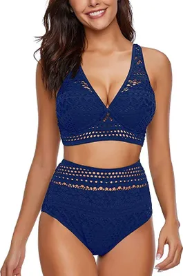 Produktbild von XXL - Damen Badeanzug Zweiteiliger Hoch Taillierter Damen Häkel Bikini mit V-Ausschnitt Bikini Set