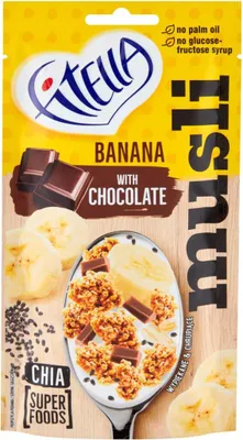 Imagen del producto de Fitella, barritas de cereal crujientes con sabor a plátano, con trozos de chocolate y semillas de chía, 50 g