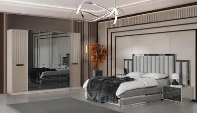 Produktbild von Komplette Schlafzimmer Doppelbett Bett Nachttische 4tlg Grau Schrank