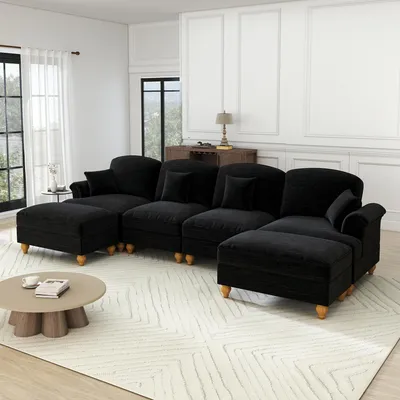 Produktbild von U-förmiges 4-Sitzer Wohnsofa aus Chenille, Trichterarmlehnen, abnehmbarer Rüschenschürze, spindelförmige Beine, Hocker, weiches Polstersofa