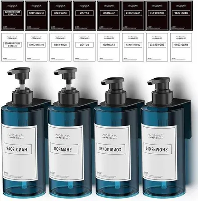 Image de Distributeur de savon à main 500 ml sans perçage - Distributeur mural à bouton rotatif avec 16 étiquettes - Bleu