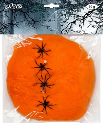 Produktbild von Orangenes Spinnennetzt 60 g mit 4 schwarzen Spinnen